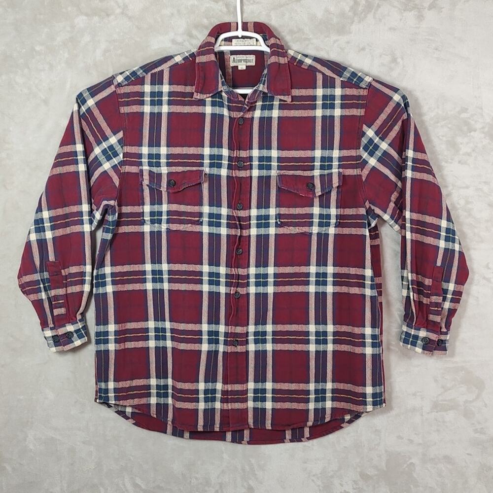 Aeropostale Mens Size XL Flannel Shirt Burgundy Blue Cream Plaid 100% Cotton L/S